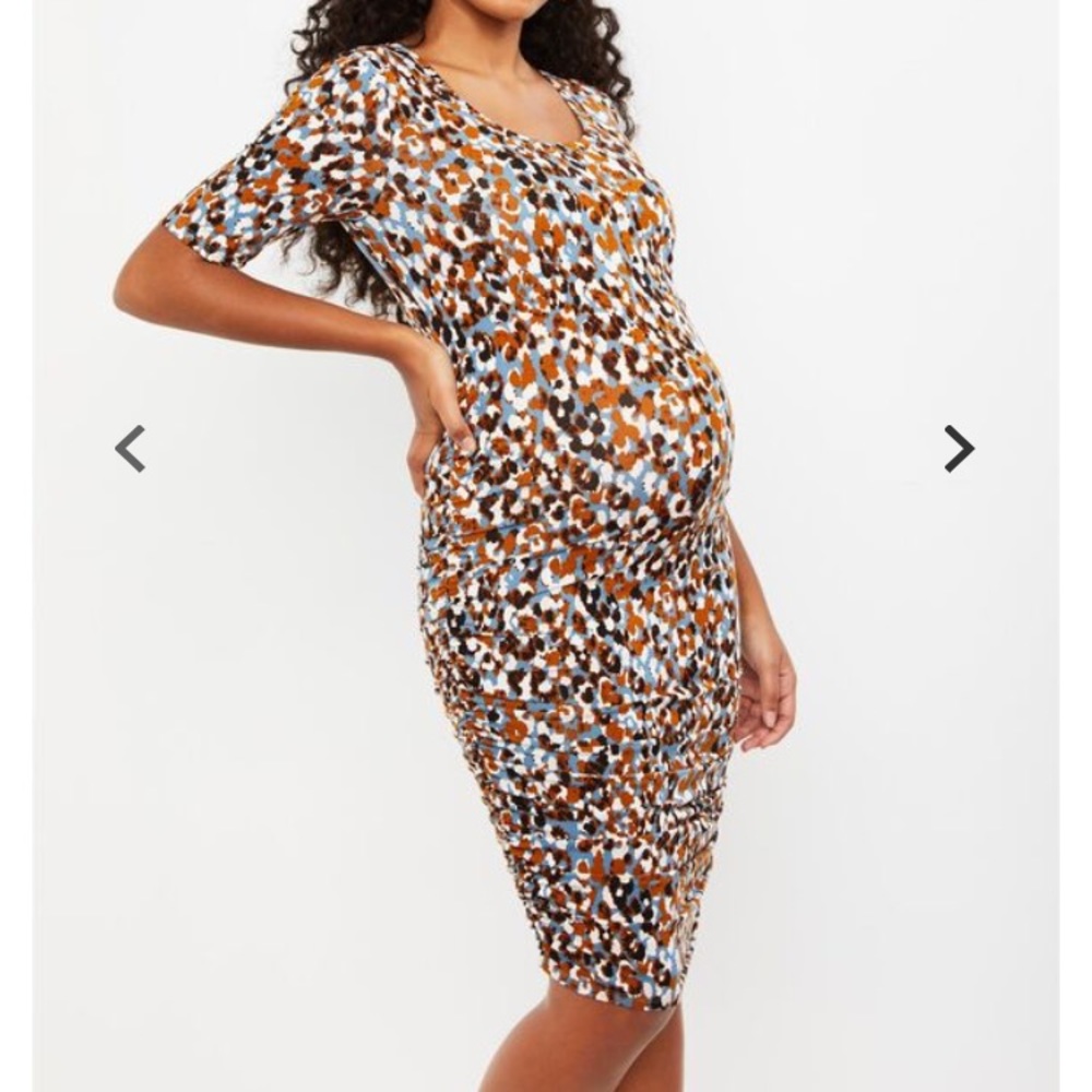 Motherhood Maternity Dress‎ Leopard fitted Side Ruche elbow sleeve multi color S